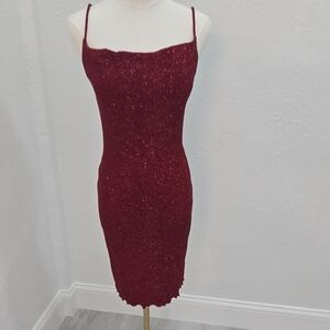 Hourglass Wine-Red Sparkle Midi Slip Dress